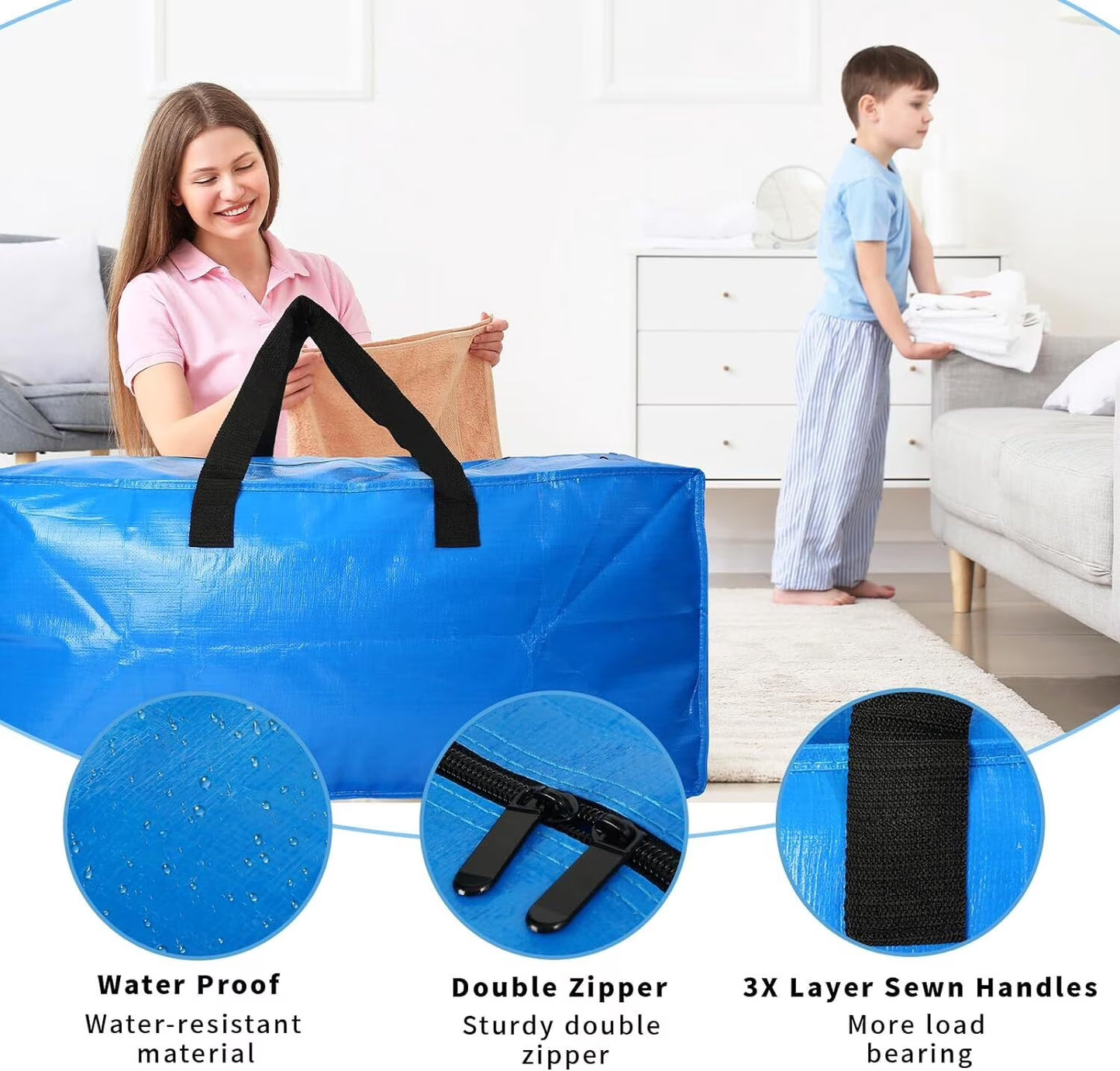 Siloon Heavy Duty Moving Bags, Extra Large, Sturdy Handles & Backpack Straps, 35-Lb Capacity, Blue, 4 Pack