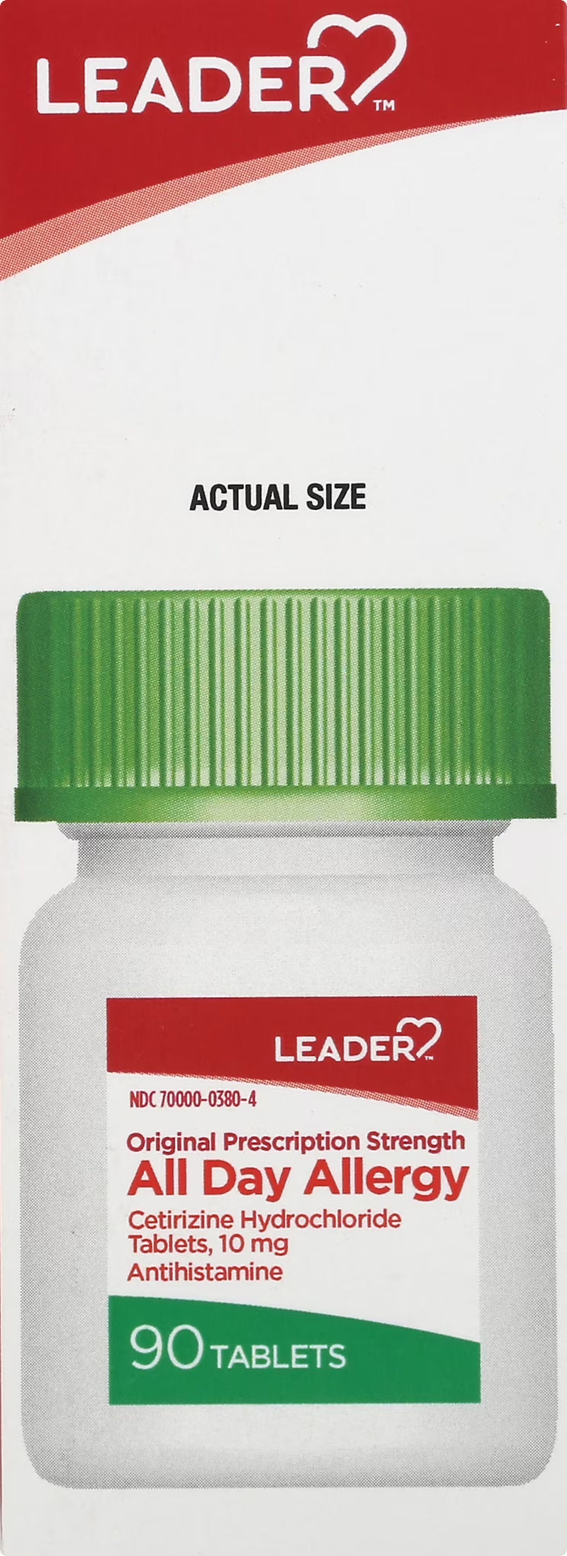 Leader 24 Hour All Day Allergy Relief, Cetirizine Hcl Tablets, 10 Mg, 90 Count