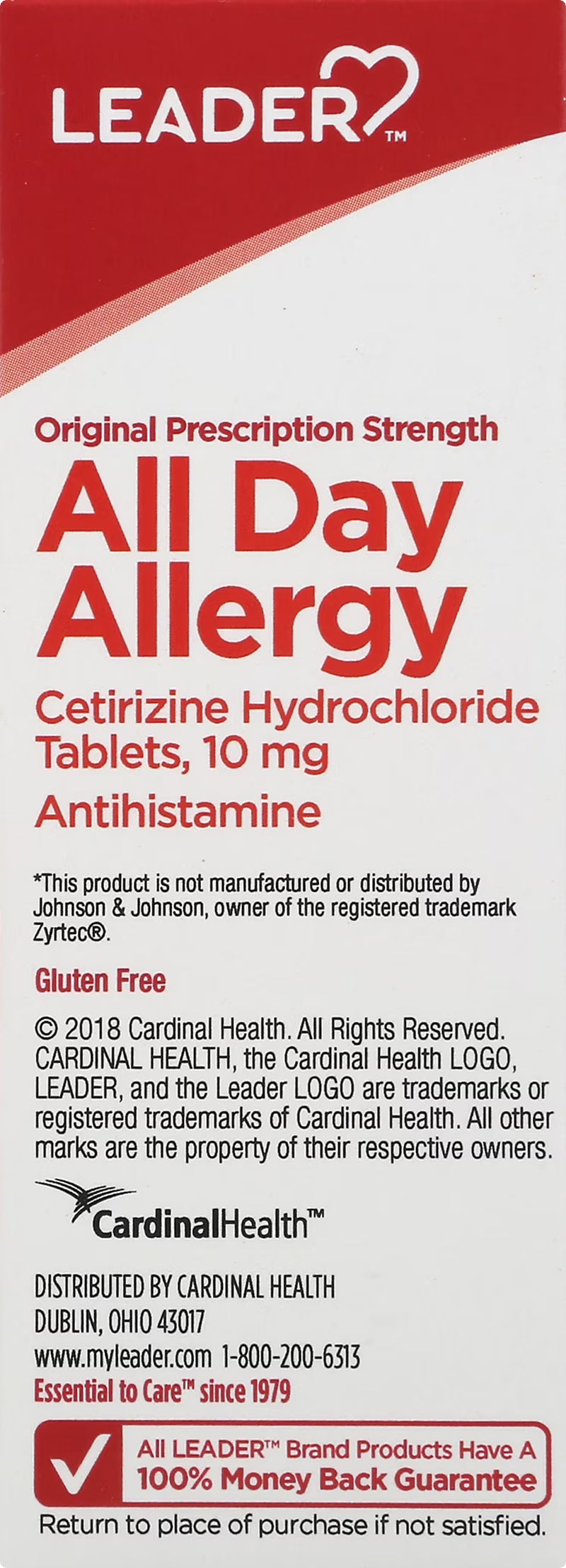 Leader 24 Hour All Day Allergy Relief, Cetirizine Hcl Tablets, 10 Mg, 90 Count