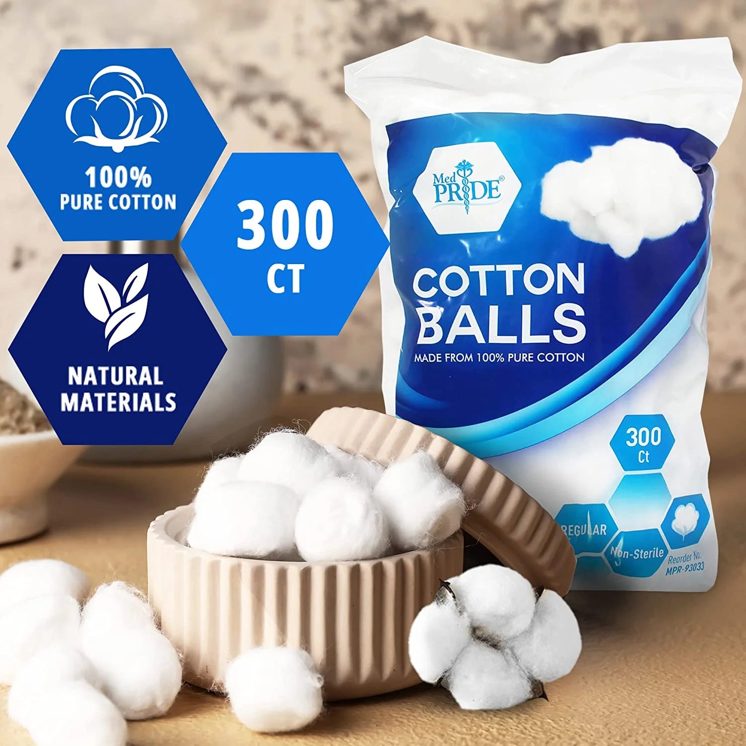 Med Pride Cotton Balls 100% Pure Cotton Hypoallergenic Jumbo Cotton Balls 300 Count for Face, Ears, Makeup & Nails