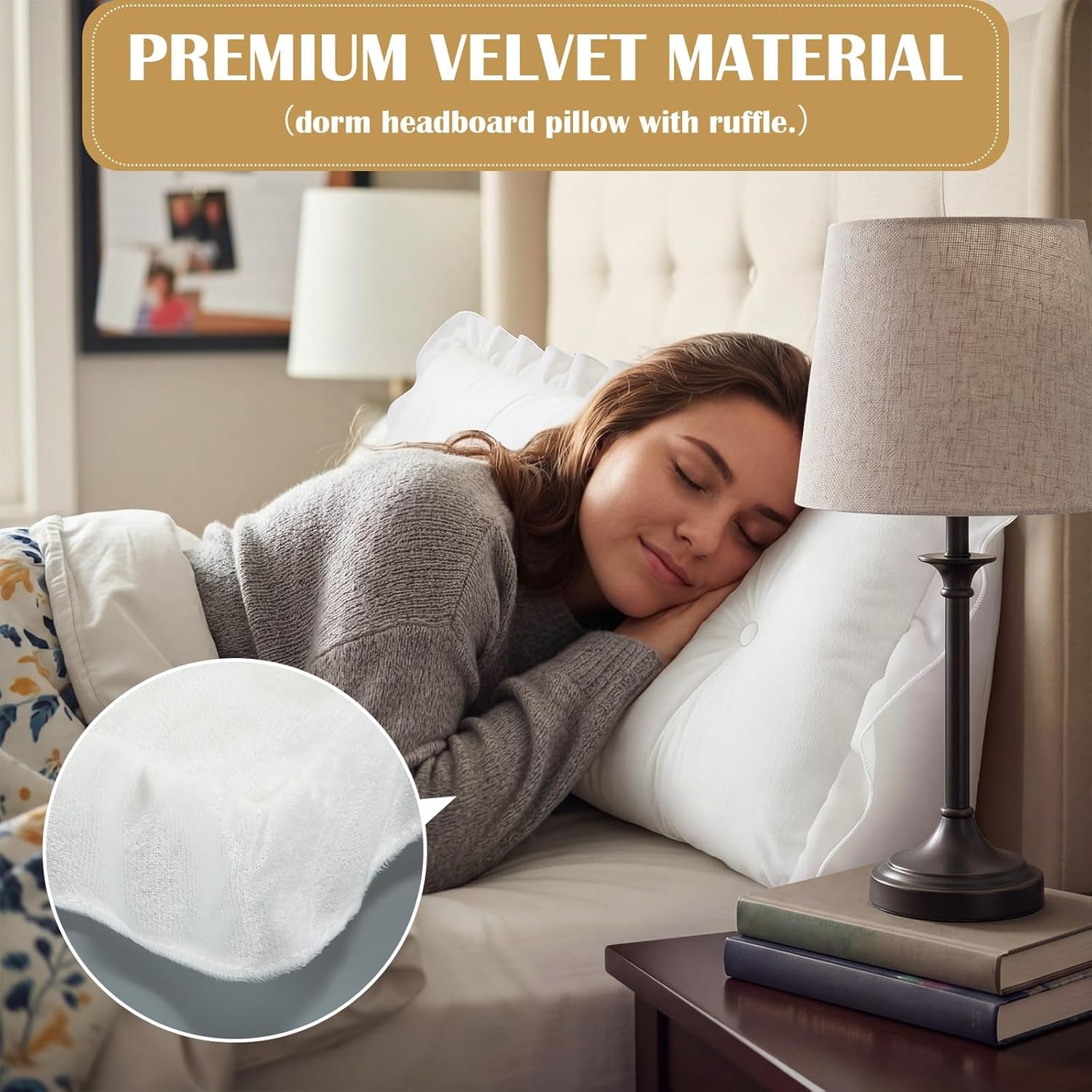 39 in Ruffle Wedge Headboard Pillow for Dorm Twin XL College Bed Reading Bolster Dorm Velvet Triangular Bed Backrest Wedge Pillow Cushion for College Reading Support(White)