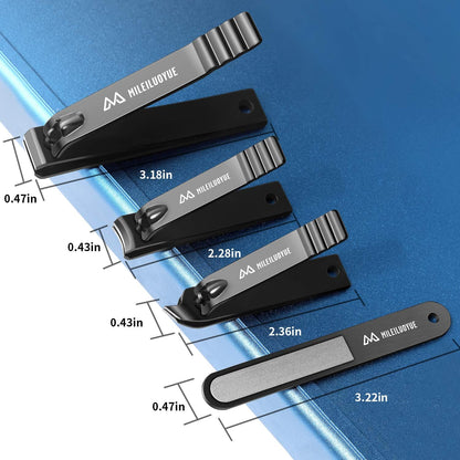 Nail Clippers Set Black Stainless Steel Nail Cutter& Sharp Oblique Toe Nail Clipper & Nail File 4 Pieces, Men and Women Suitable for Gifts.