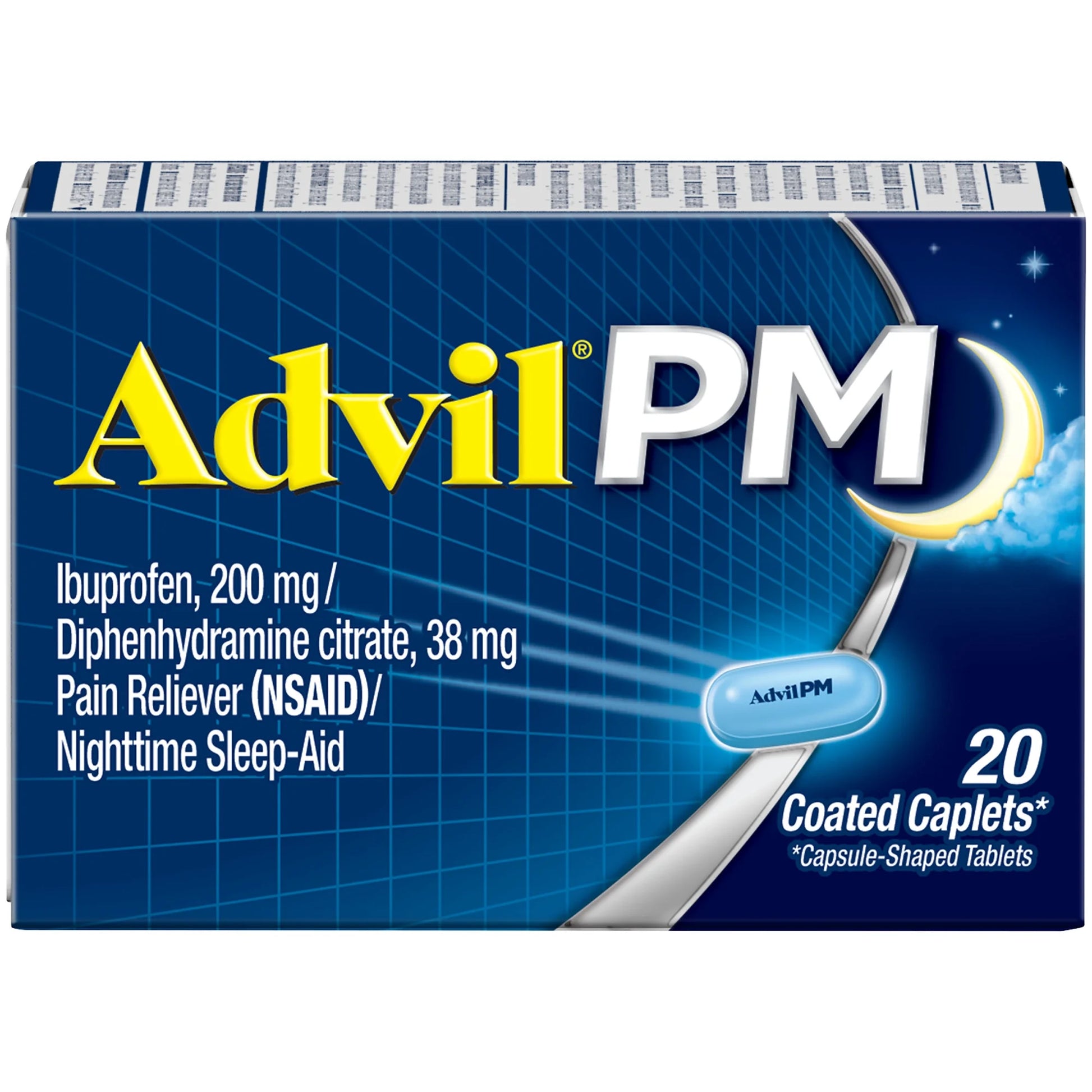 PM Sleep Aid Pain Relievers, Ibuprofen, Diphenhydramine, Coated Caplet, 20 Count