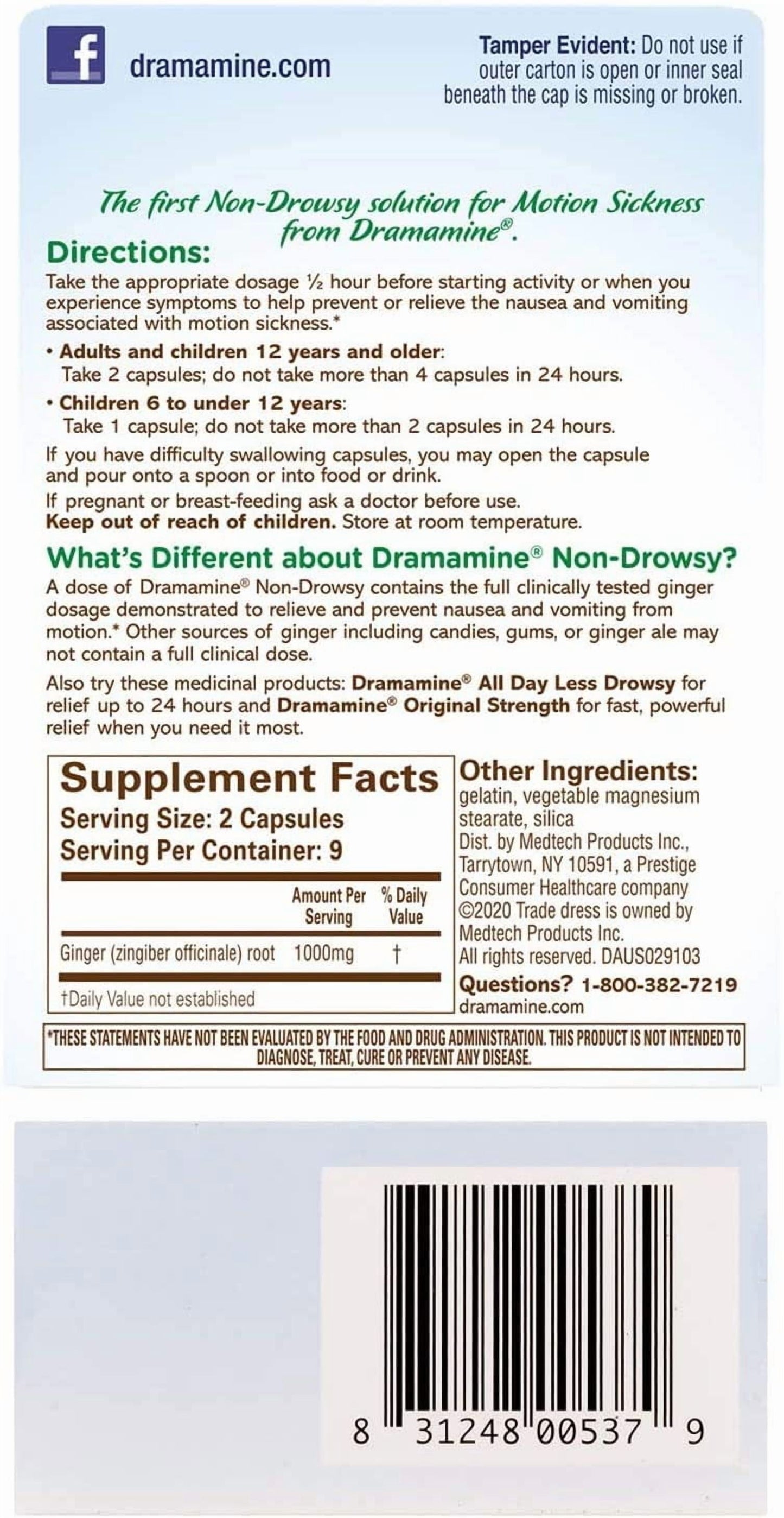 2 Pack  Non-Drowsy Naturals with Natural Ginger 18 Capsules Each