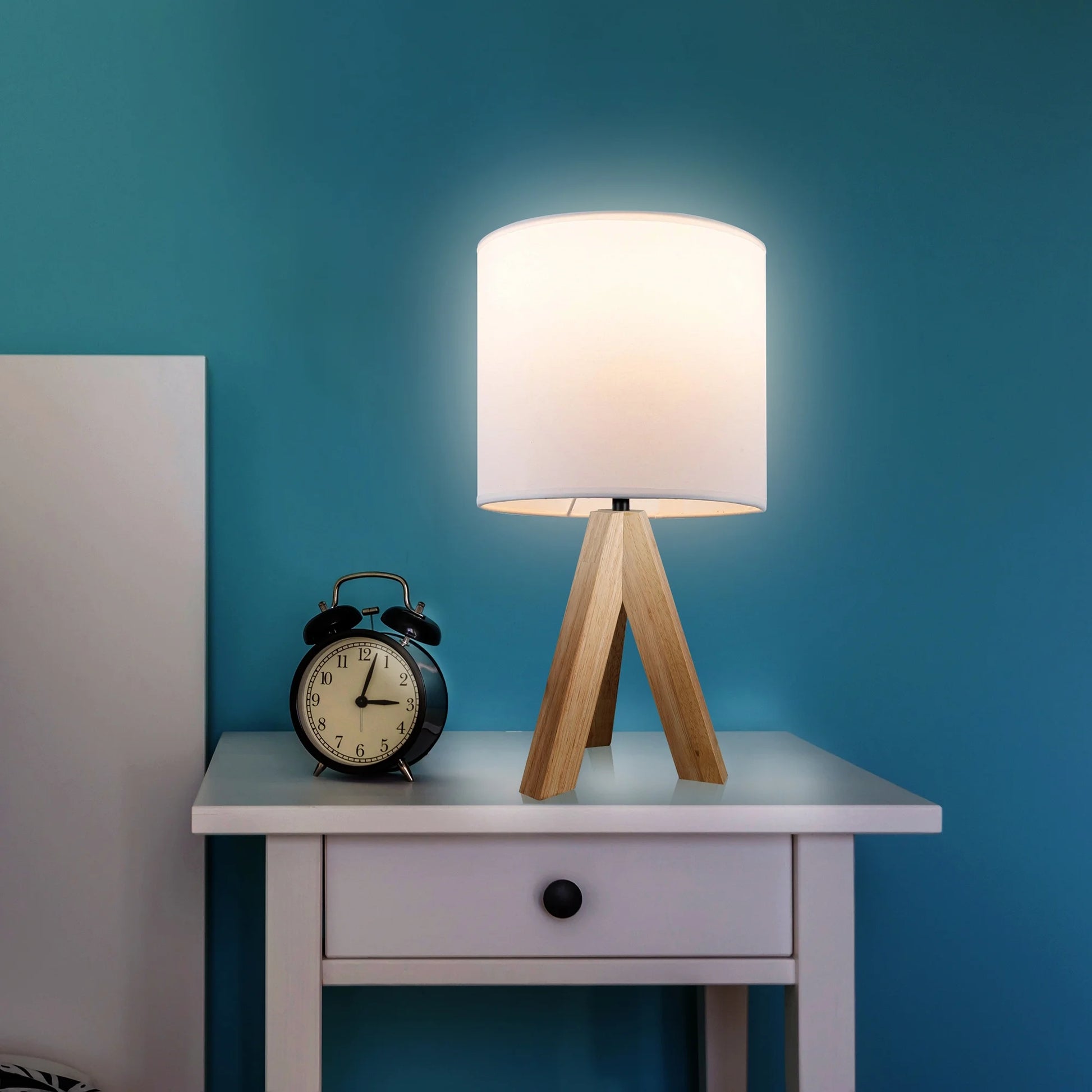 Tripod Oak Table Lamp with Classic White Fabric Shade, 16.75 Inches Height