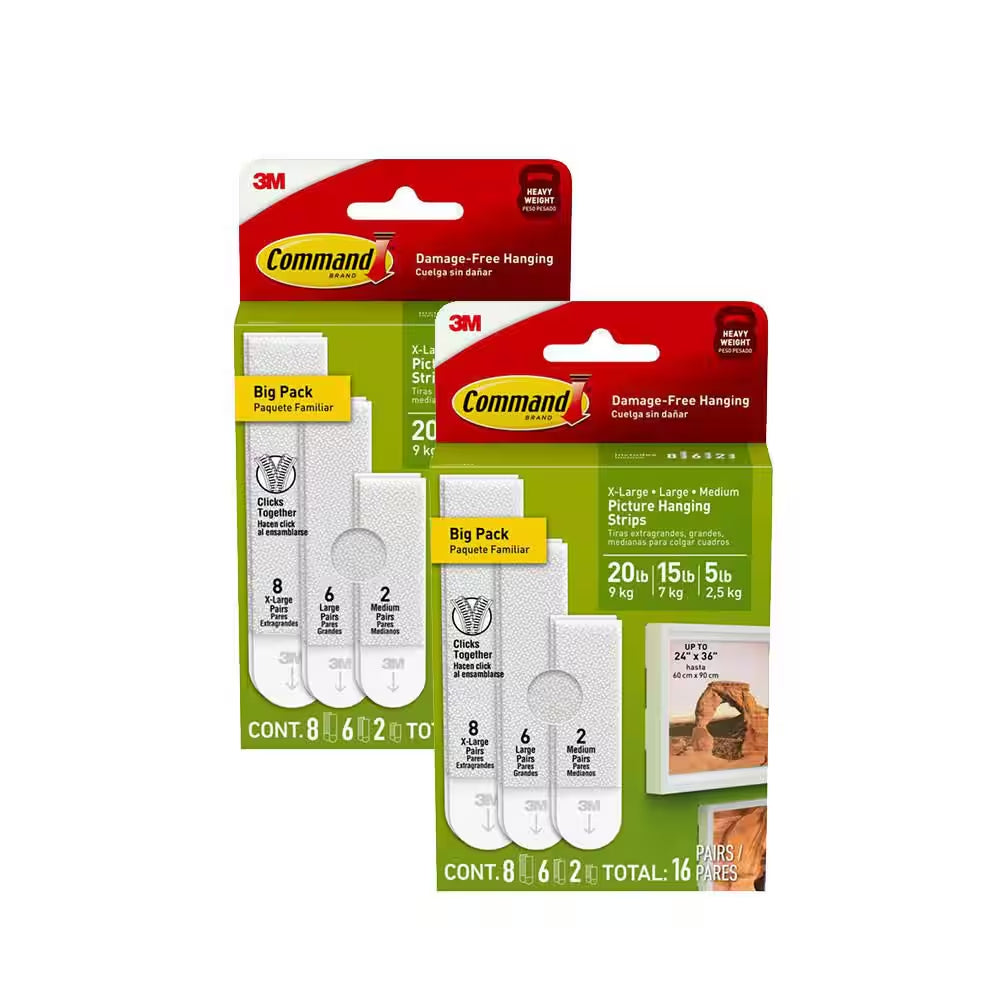 20 Lbs. to 15 Lbs. to 5 Lbs. White Picture Hanging Strip (32-Pack) (16 X-Large Pairs, 12 Large Pairs, 4 Medium Pairs)