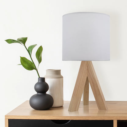Tripod Oak Table Lamp with Classic White Fabric Shade, 16.75 Inches Height