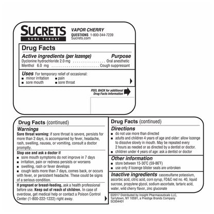 Sore Throat & Cough Lozenges, Vapor Cherry Flavor, 18 Count