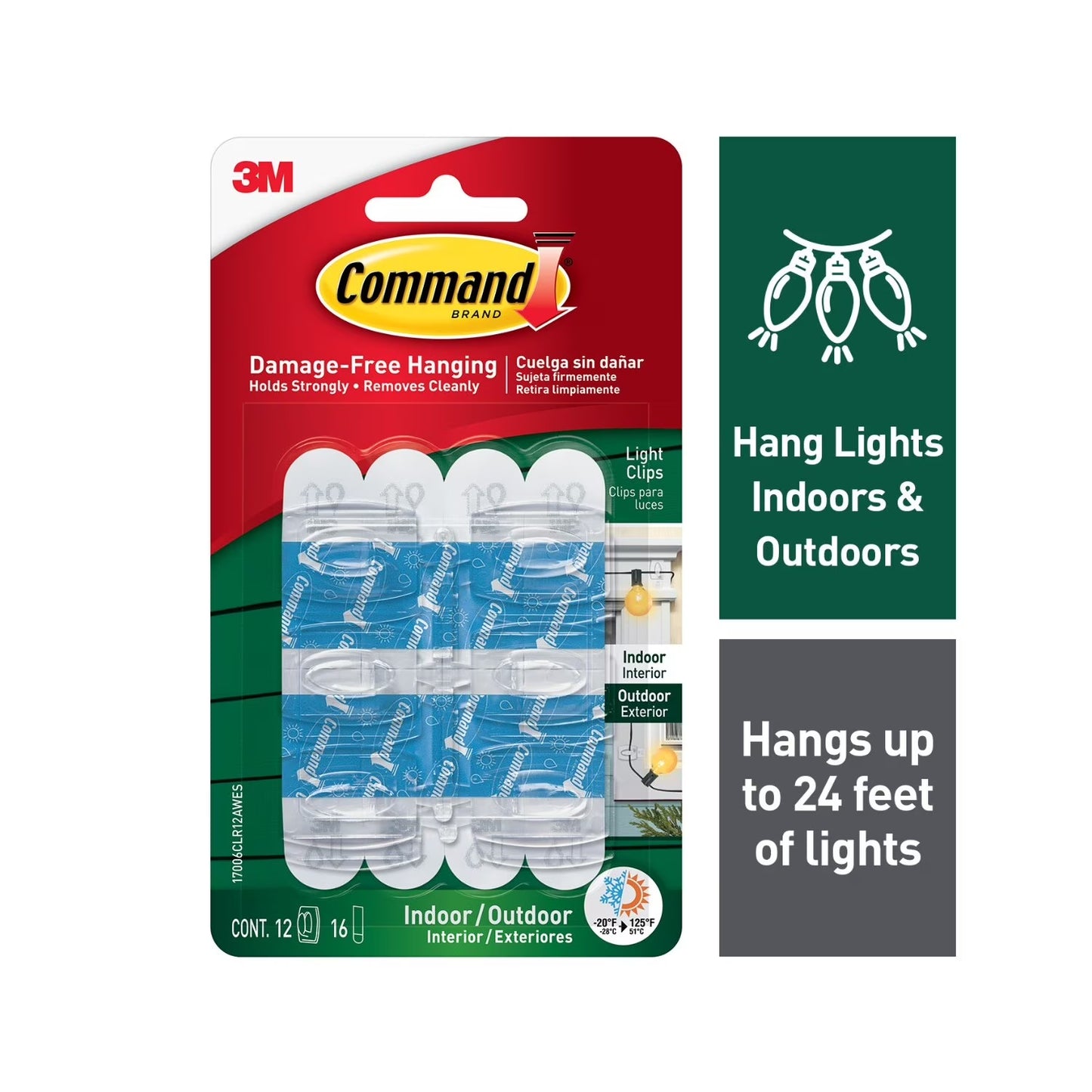 Clear Indoor and Outdoor Light Clips with 12 Hooks and 16 Strips for Hanging Lights