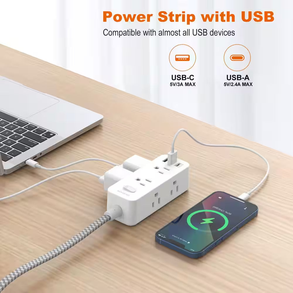6-Outlet Surge Protector Power Strip with 3 USB Ports and 1 USB-C Outlet, 3-Sided Outlet Extender