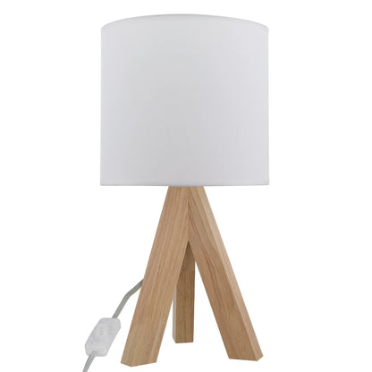 Tripod Oak Table Lamp with Classic White Fabric Shade, 16.75 Inches Height