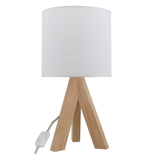 Tripod Oak Table Lamp with Classic White Fabric Shade, 16.75 Inches Height