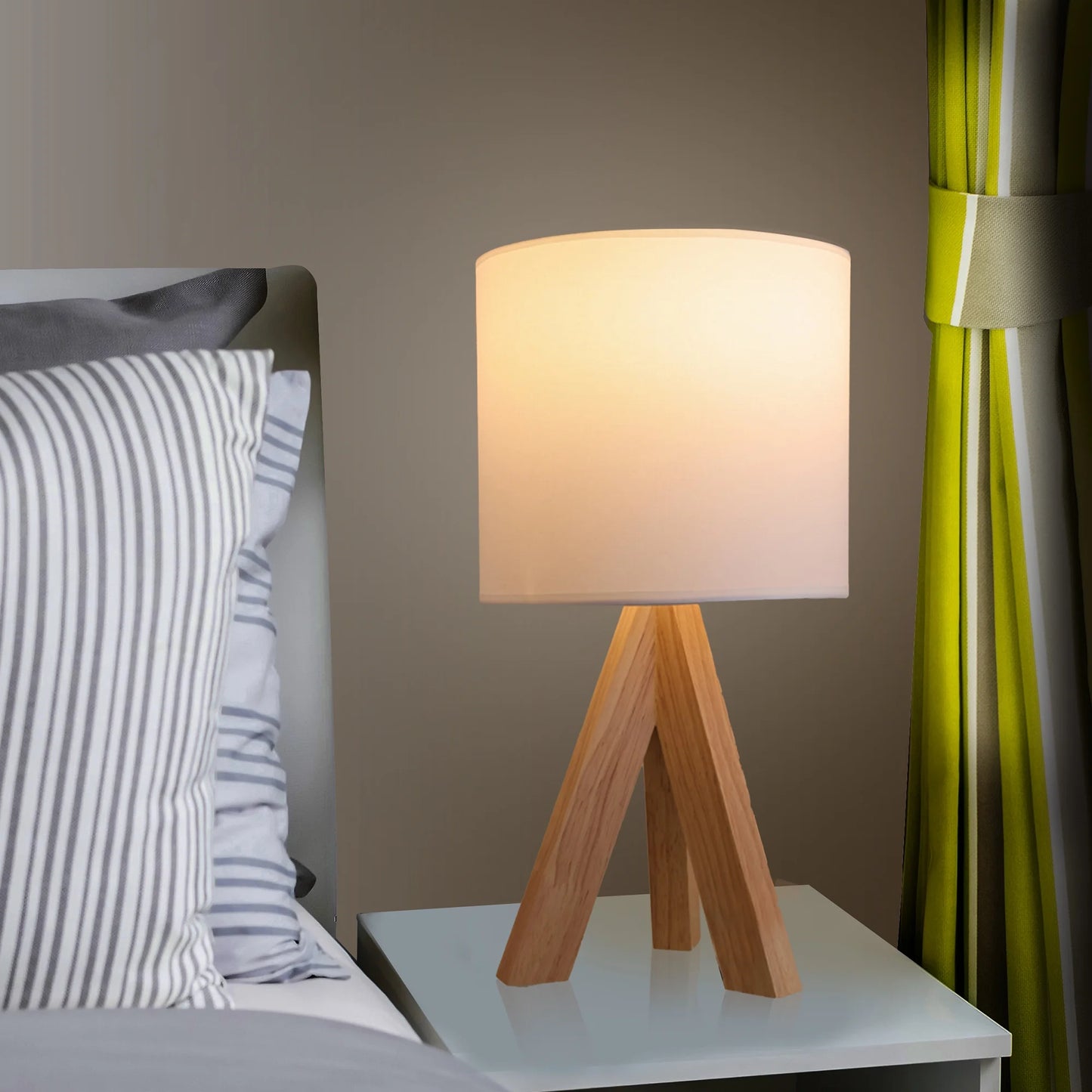 Tripod Oak Table Lamp with Classic White Fabric Shade, 16.75 Inches Height