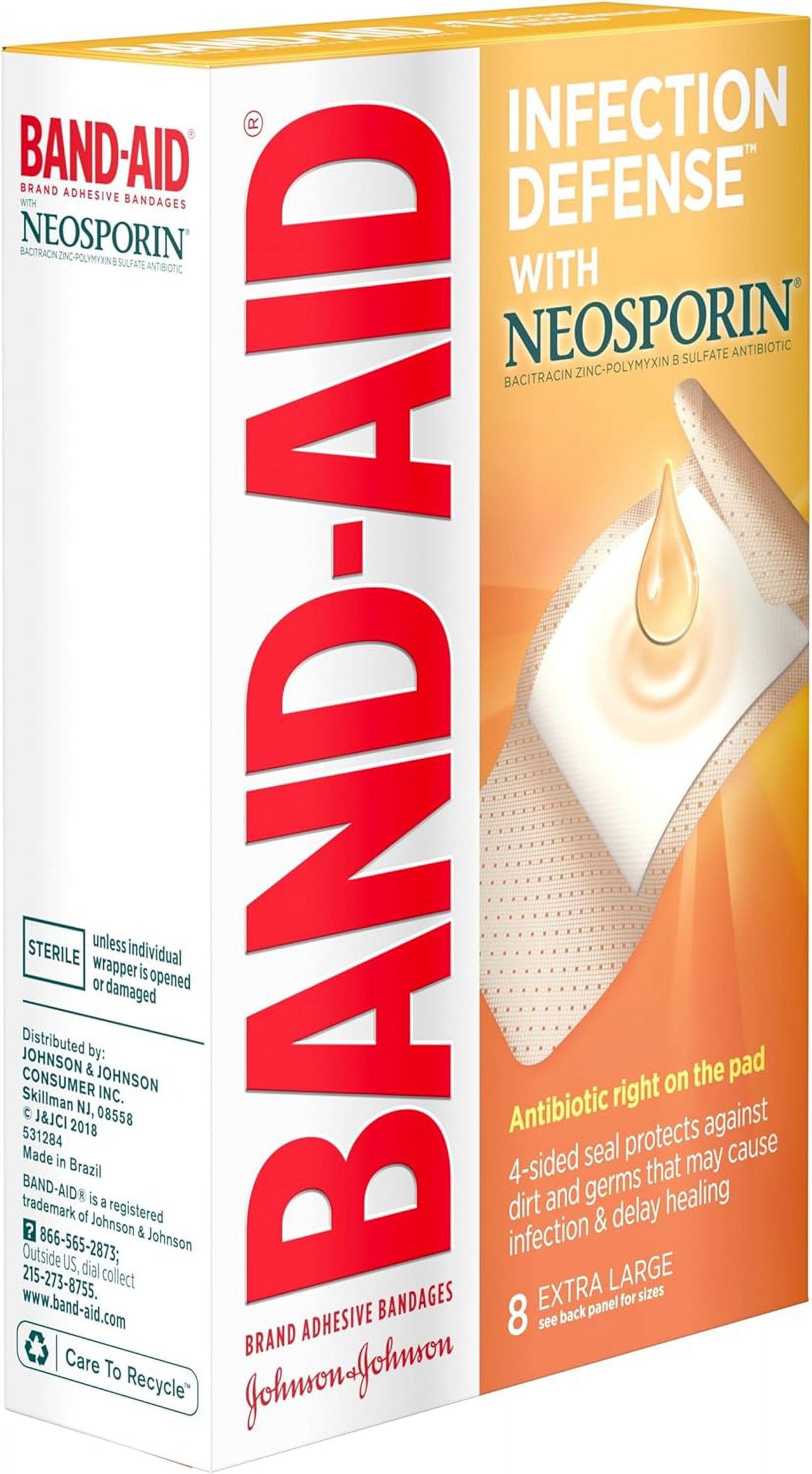 Brand Adhesive Bandages Infection Defense with Neosporin Antibiotic Ointment for Wound Care & First Aid, Extra Large, 8 Count