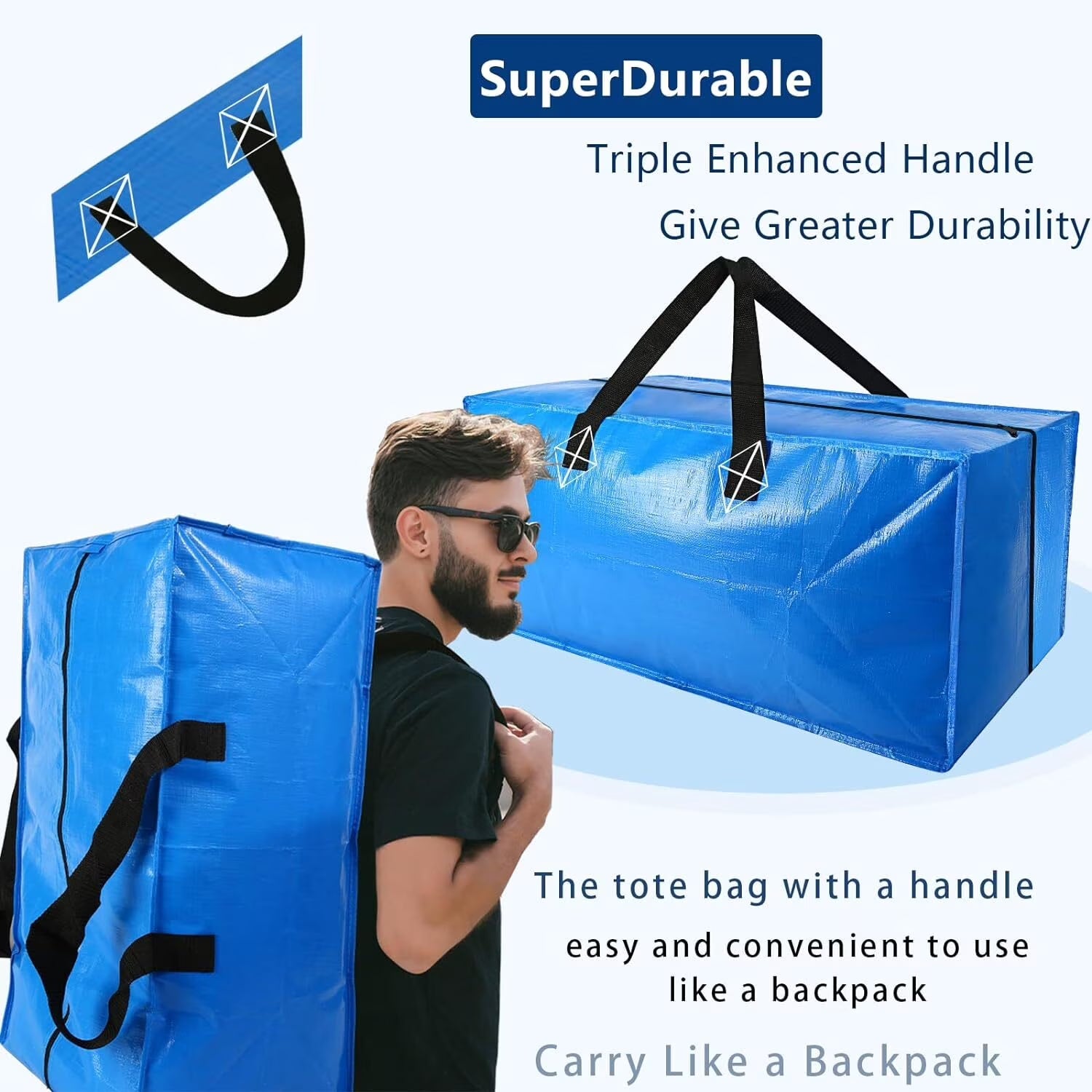 Siloon Heavy Duty Moving Bags, Extra Large, Sturdy Handles & Backpack Straps, 35-Lb Capacity, Blue, 4 Pack