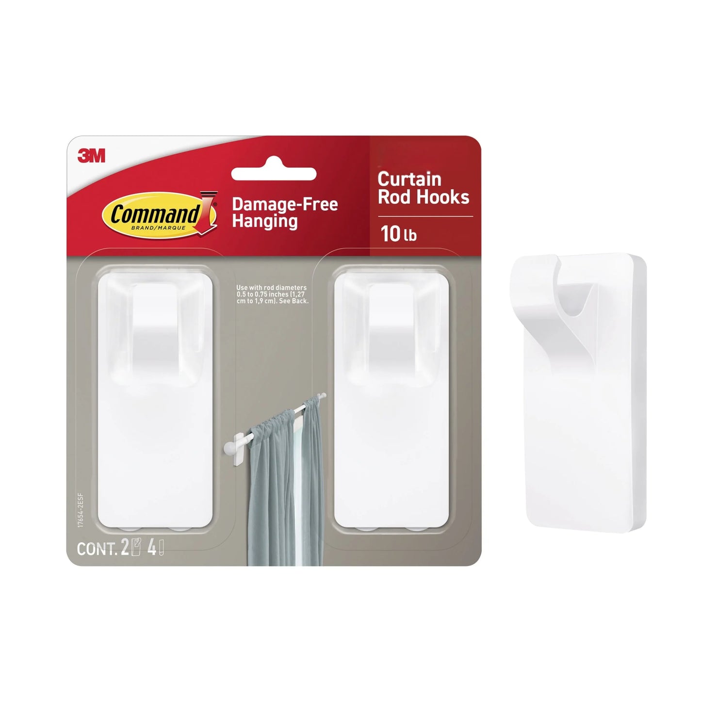 White Curtain Rod Hooks with Adhesive Strips - Set of 2 Hooks and 4 Strips
