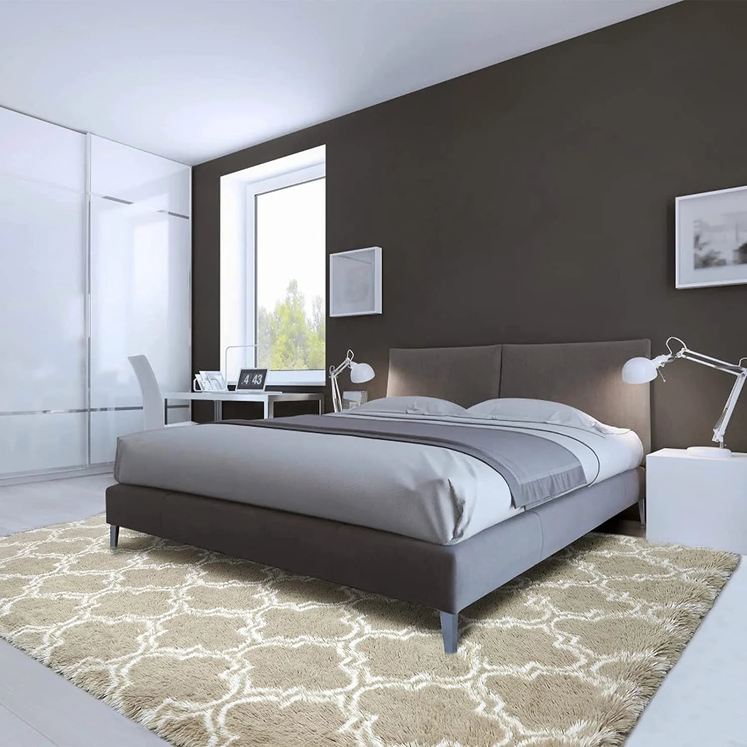 Geometric Plush Shag Area Rug - Soft Moroccan Carpet for Bedroom and Living Room, 8x10 Ft, Beige/White
