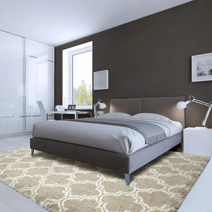 Geometric Plush Shag Area Rug - Soft Moroccan Carpet for Bedroom and Living Room, 8x10 Ft, Beige/White