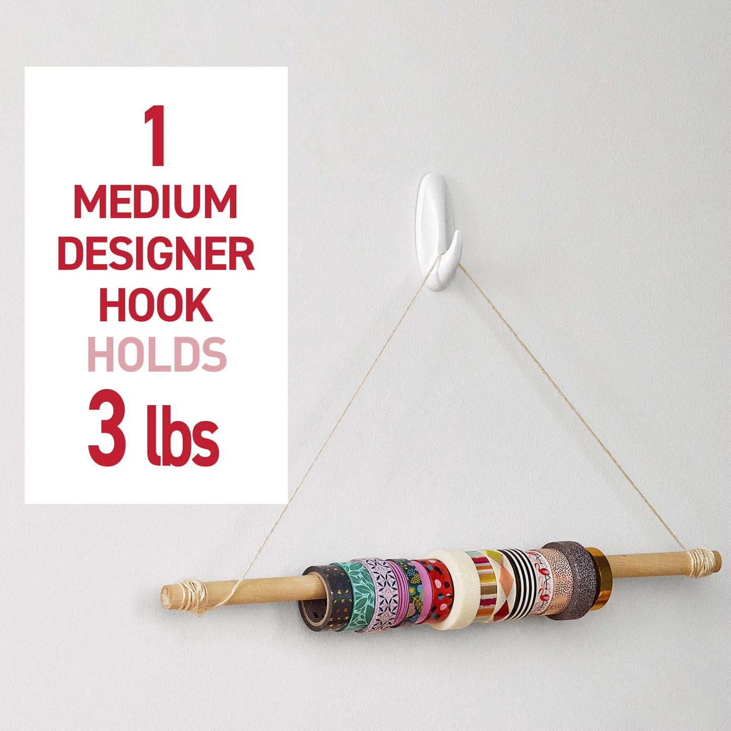 Medium Designer Hooks, White, 8 Wall Hooks, Damage-Free Hanging