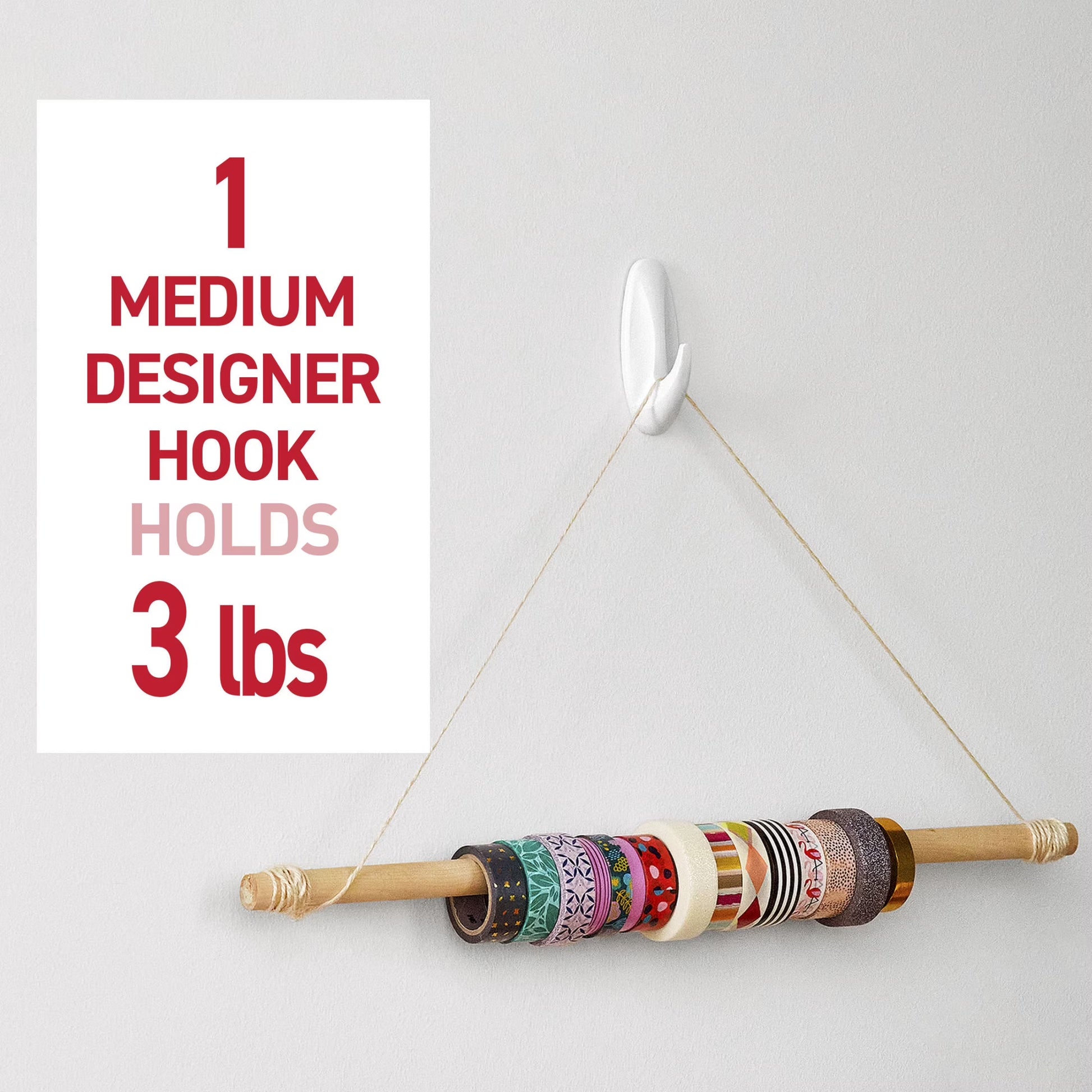 Medium Designer Hooks, White, 8 Wall Hooks, Damage-Free Hanging