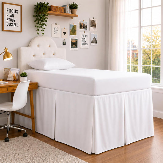 Extra Long Pleated Dorm Bed Skirt, Twin XL 32 Inch Drop, Box Style with Split Corners, 100% Microfiber College Room Essentials, White