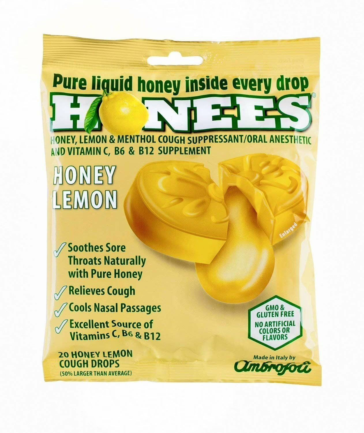 Honees Honey Menthol Cough Drops Honey Lemon, 20 Ea
