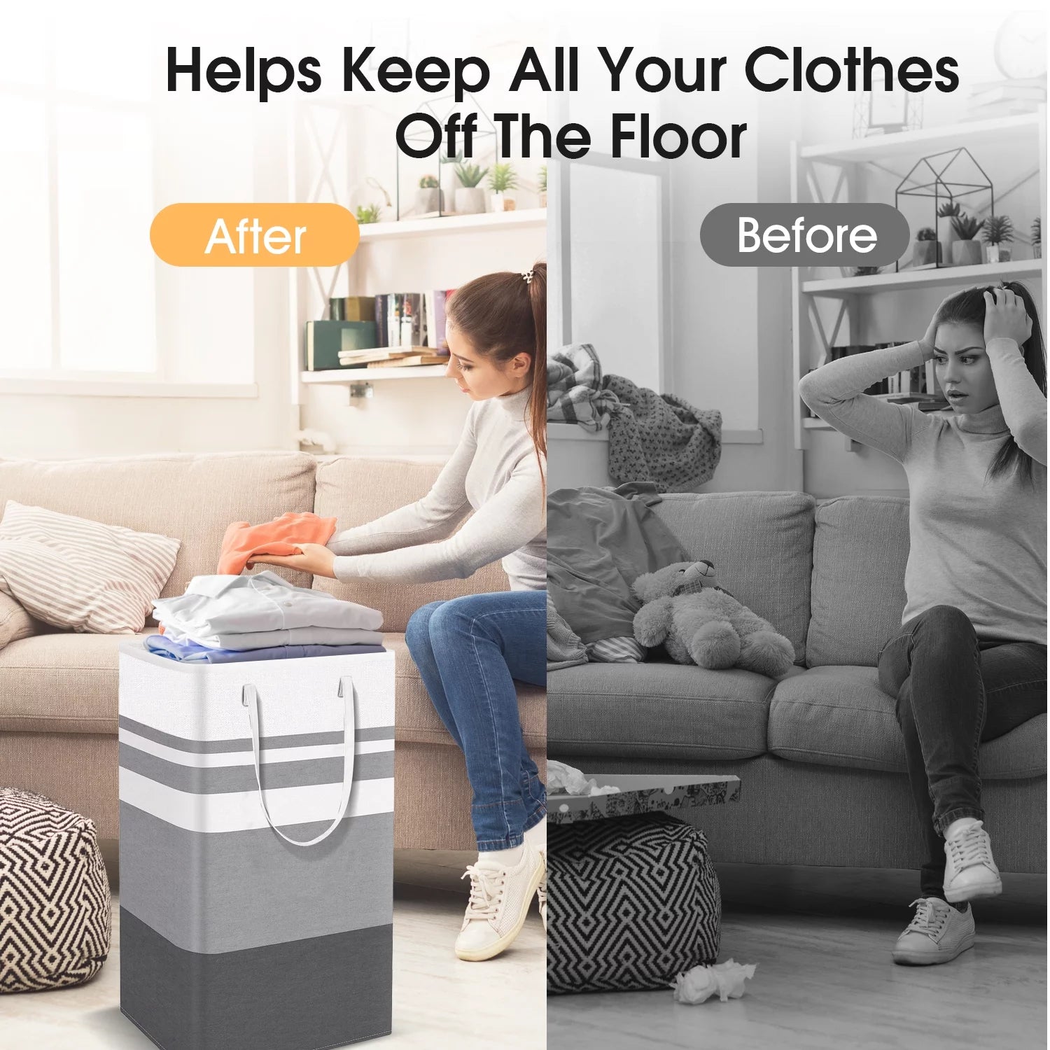 75L Large Freestanding Laundry Hamper - 2 Pack, Collapsible Waterproof Clothes Organizer with Handles for Convenient Storage