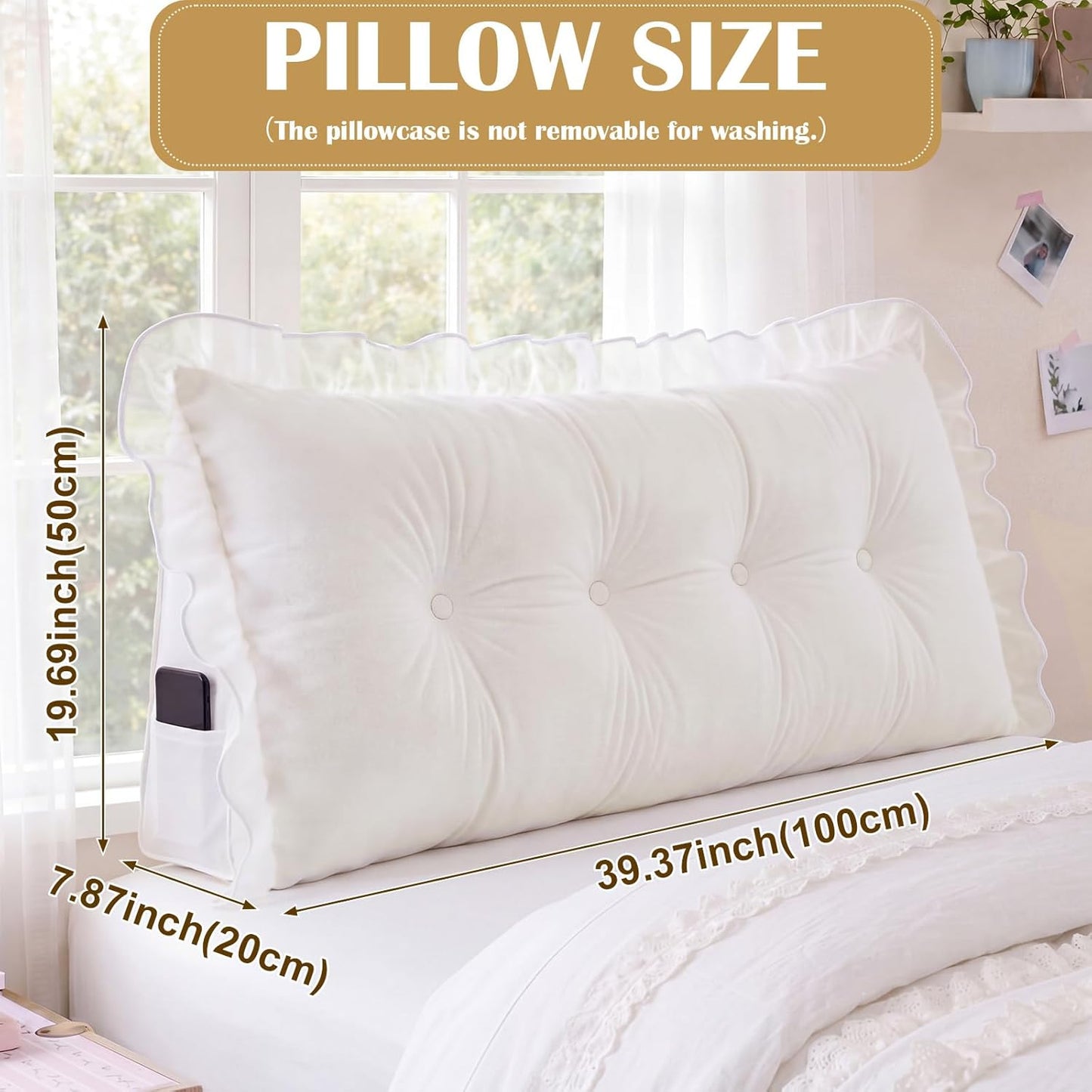 39 in Ruffle Wedge Headboard Pillow for Dorm Twin XL College Bed Reading Bolster Dorm Velvet Triangular Bed Backrest Wedge Pillow Cushion for College Reading Support(White)