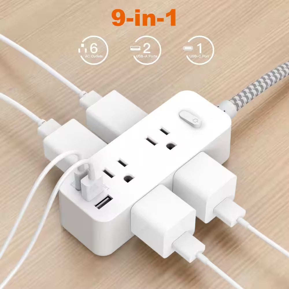 6-Outlet Surge Protector Power Strip with 3 USB Ports and 1 USB-C Outlet, 3-Sided Outlet Extender