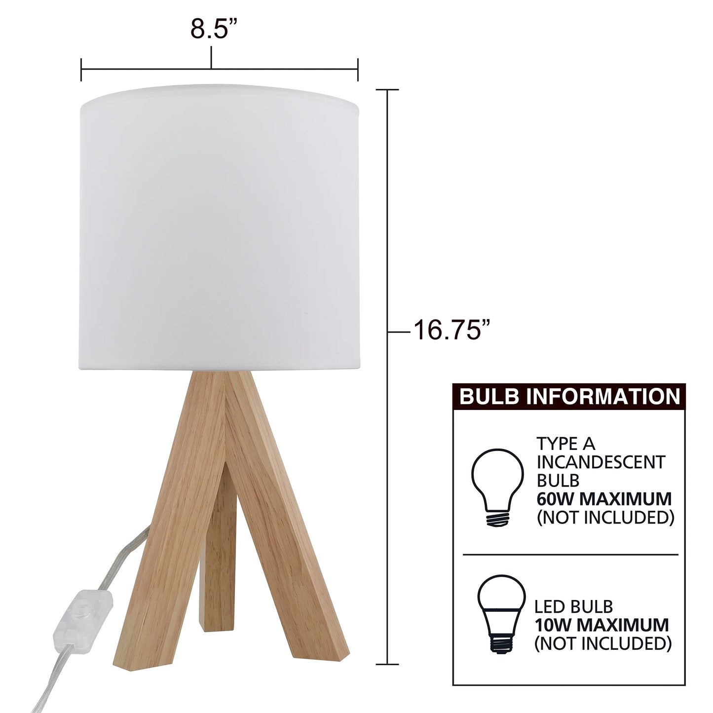Tripod Oak Table Lamp with Classic White Fabric Shade, 16.75 Inches Height