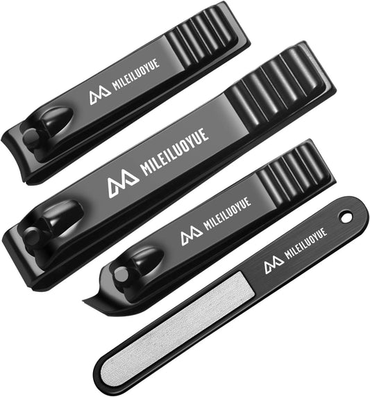Nail Clippers Set Black Stainless Steel Nail Cutter& Sharp Oblique Toe Nail Clipper & Nail File 4 Pieces, Men and Women Suitable for Gifts.