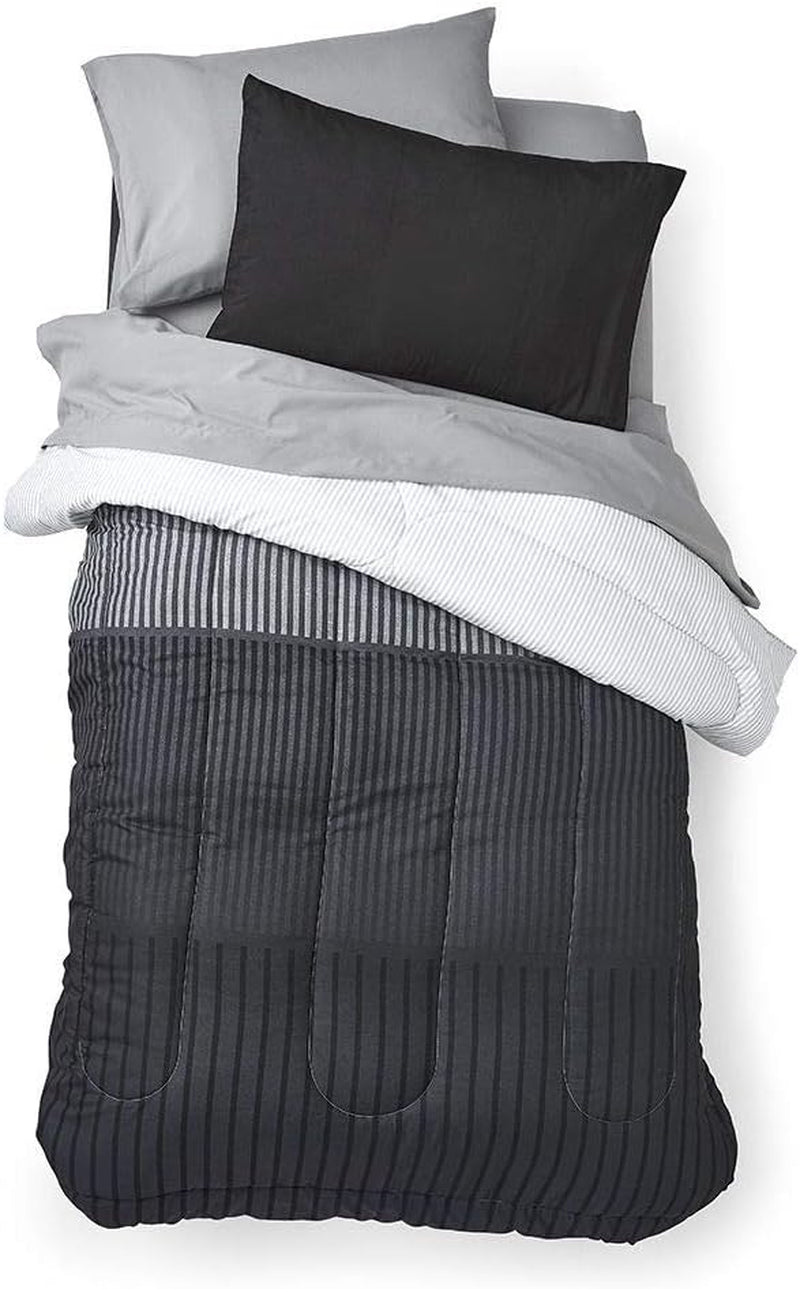 Preferred Dorm Essentials 23-Piece Twin XL Value Pack | Comforter, Sheet Set, Mattress Pad, Topper, Towels, Organization, and Storage | Preston Black and Gray | Graphic Black, Gray, and White