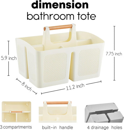 Portable Shower Caddy Basket with Compartments, Plastic Divided Cleaning Caddy Organizer Storage Tote with Handle for Bathroom, College, Dorm Room Essentials - Beige