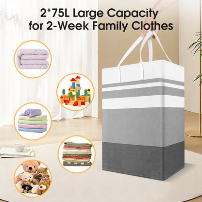 75L Large Freestanding Laundry Hamper - 2 Pack, Collapsible Waterproof Clothes Organizer with Handles for Convenient Storage