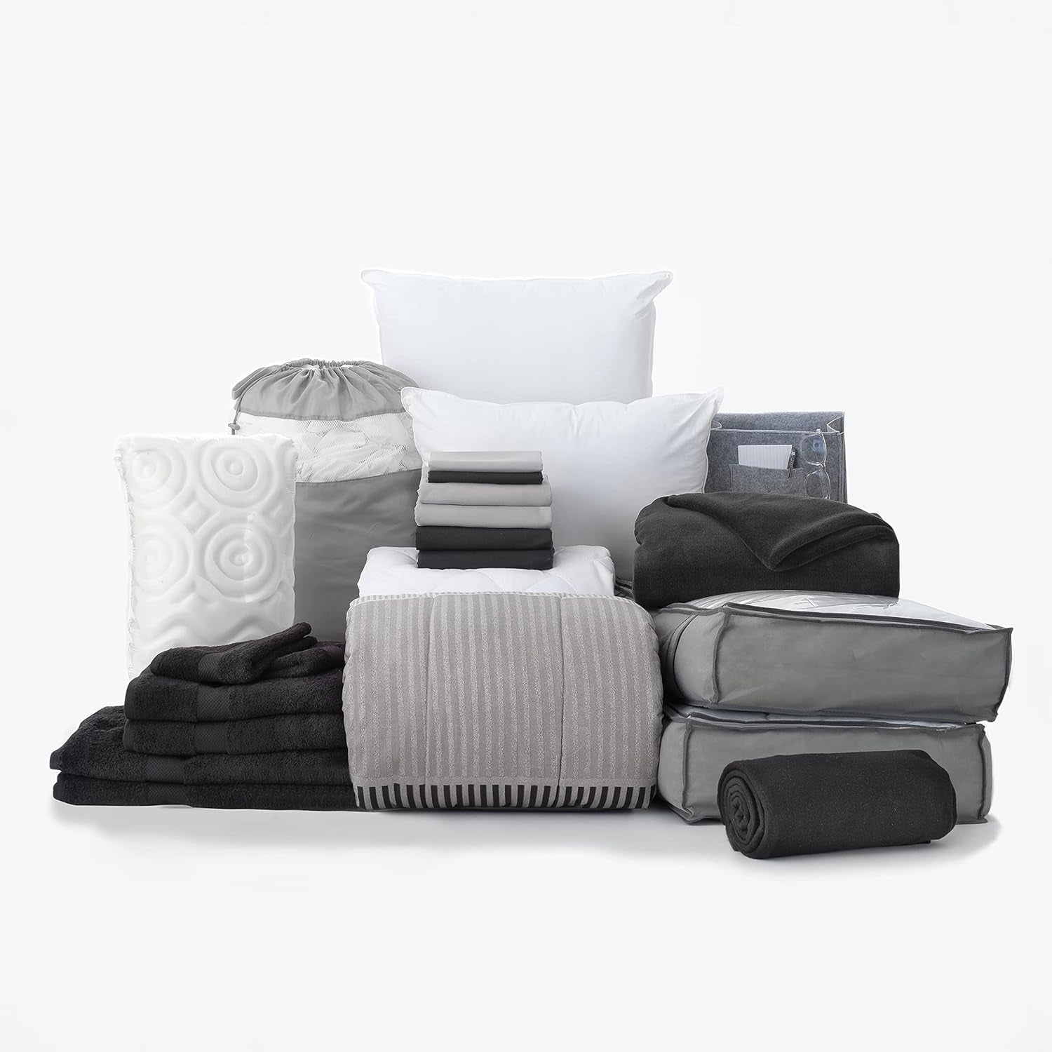 Preferred Dorm Essentials 23-Piece Twin XL Value Pack | Comforter, Sheet Set, Mattress Pad, Topper, Towels, Organization, and Storage | Preston Black and Gray | Graphic Black, Gray, and White