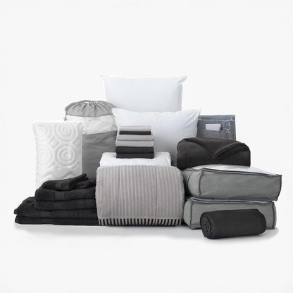 Preferred Dorm Essentials 23-Piece Twin XL Value Pack | Comforter, Sheet Set, Mattress Pad, Topper, Towels, Organization, and Storage | Preston Black and Gray | Graphic Black, Gray, and White