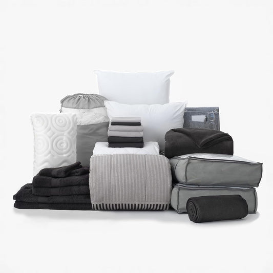 Preferred Dorm Essentials 23-Piece Twin XL Value Pack | Comforter, Sheet Set, Mattress Pad, Topper, Towels, Organization, and Storage | Preston Black and Gray | Graphic Black, Gray, and White