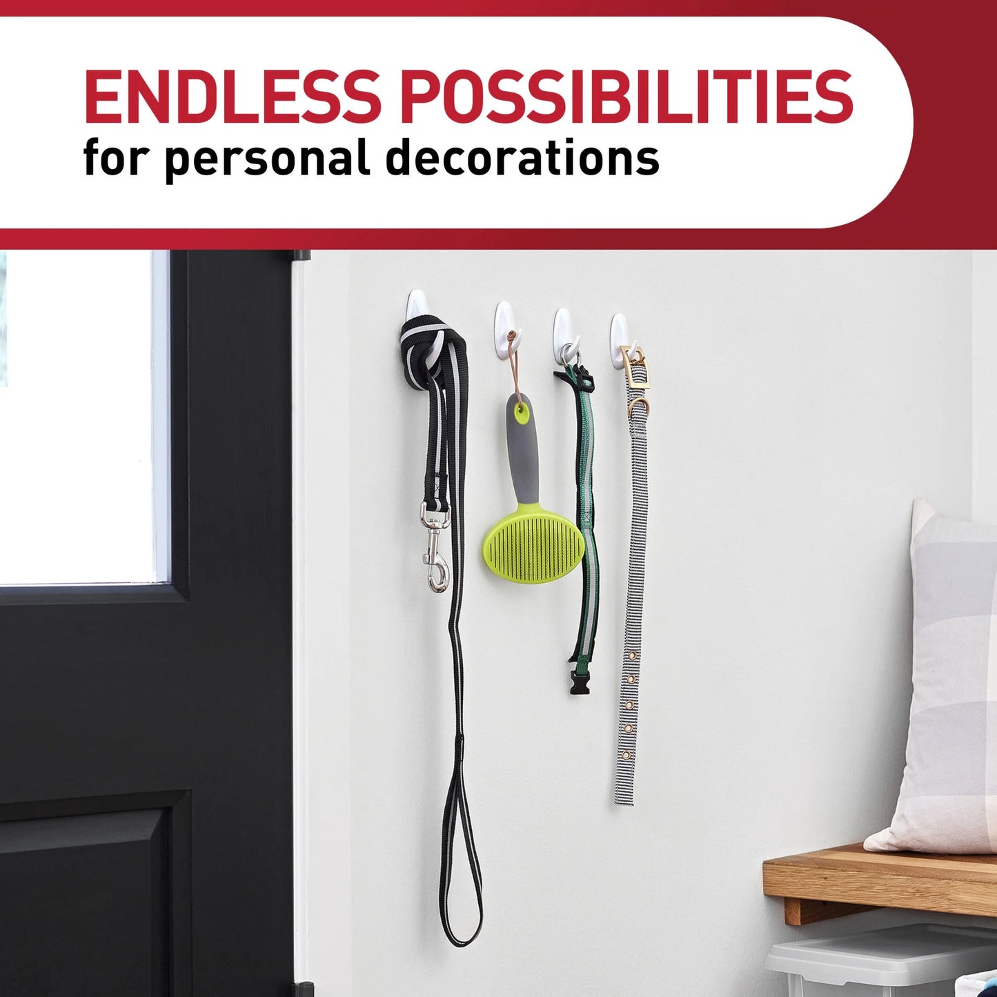 Medium Designer Hooks, White, 8 Wall Hooks, Damage-Free Hanging
