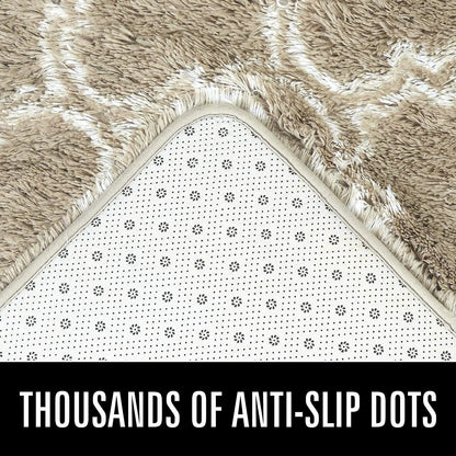Geometric Plush Shag Area Rug - Soft Moroccan Carpet for Bedroom and Living Room, 8x10 Ft, Beige/White