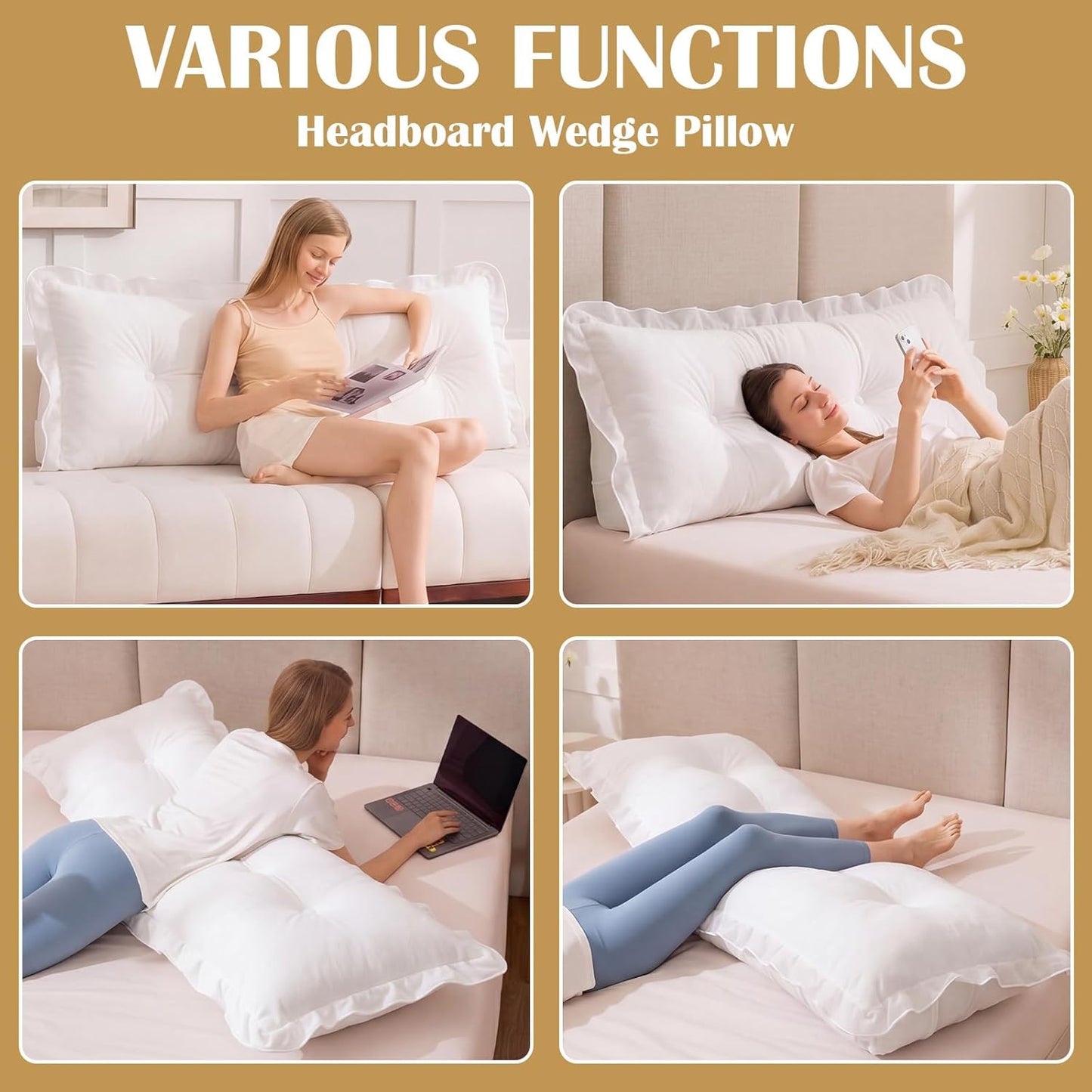 39 in Ruffle Wedge Headboard Pillow for Dorm Twin XL College Bed Reading Bolster Dorm Velvet Triangular Bed Backrest Wedge Pillow Cushion for College Reading Support(White)