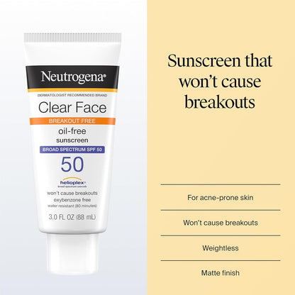 Neutrogena Clear Face Sunscreen Lotion for Acne-Prone Skin, Broad Spectrum SPF 50, Sunscreen for Face & Oily Skin, Oil-,Fragrance- & Oxybenzone-Free, Water Resistant, Matte, Unscented, 3 Fl Oz