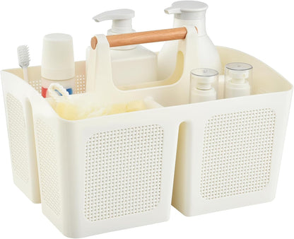 Portable Shower Caddy Basket with Compartments, Plastic Divided Cleaning Caddy Organizer Storage Tote with Handle for Bathroom, College, Dorm Room Essentials - Beige