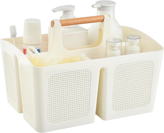 Portable Shower Caddy Basket with Compartments, Plastic Divided Cleaning Caddy Organizer Storage Tote with Handle for Bathroom, College, Dorm Room Essentials - Beige