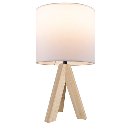 Tripod Oak Table Lamp with Classic White Fabric Shade, 16.75 Inches Height