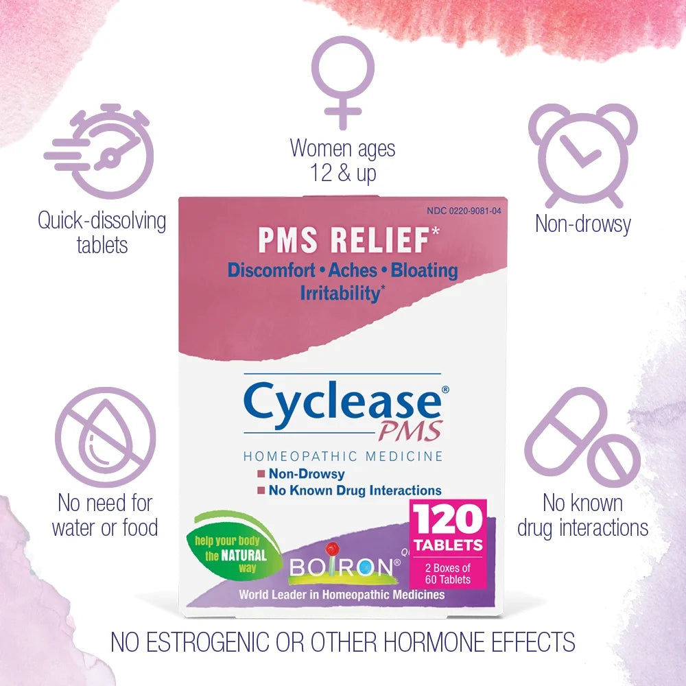 Cyclease PMS Tablets, Homeopathic Medicine for PMS Relief, Discomfort, Aches, Bloating, Irritability, 2 X 60 Tablets Twin Pack