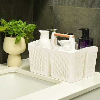 Portable Shower Caddy Basket with Compartments, Plastic Divided Cleaning Caddy Organizer Storage Tote with Handle for Bathroom, College, Dorm Room Essentials - Beige