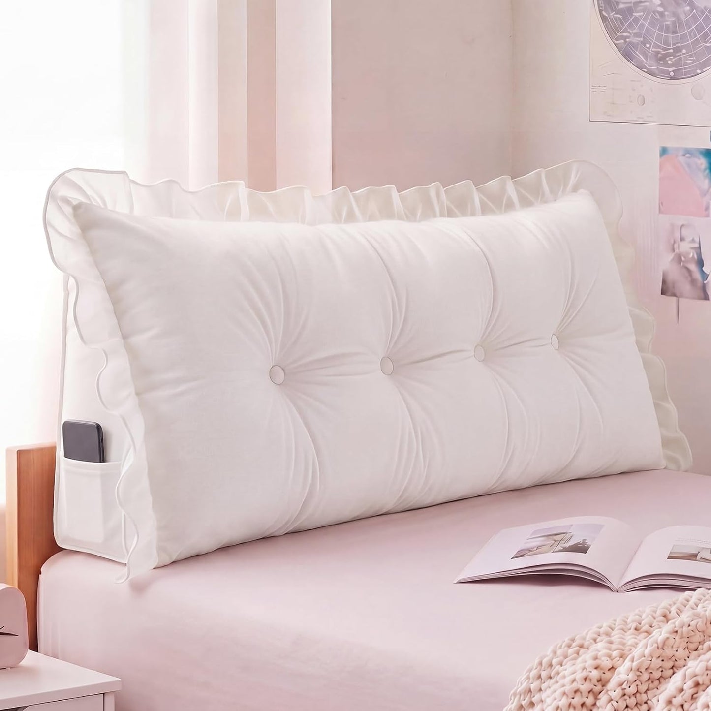 39 in Ruffle Wedge Headboard Pillow for Dorm Twin XL College Bed Reading Bolster Dorm Velvet Triangular Bed Backrest Wedge Pillow Cushion for College Reading Support(White)