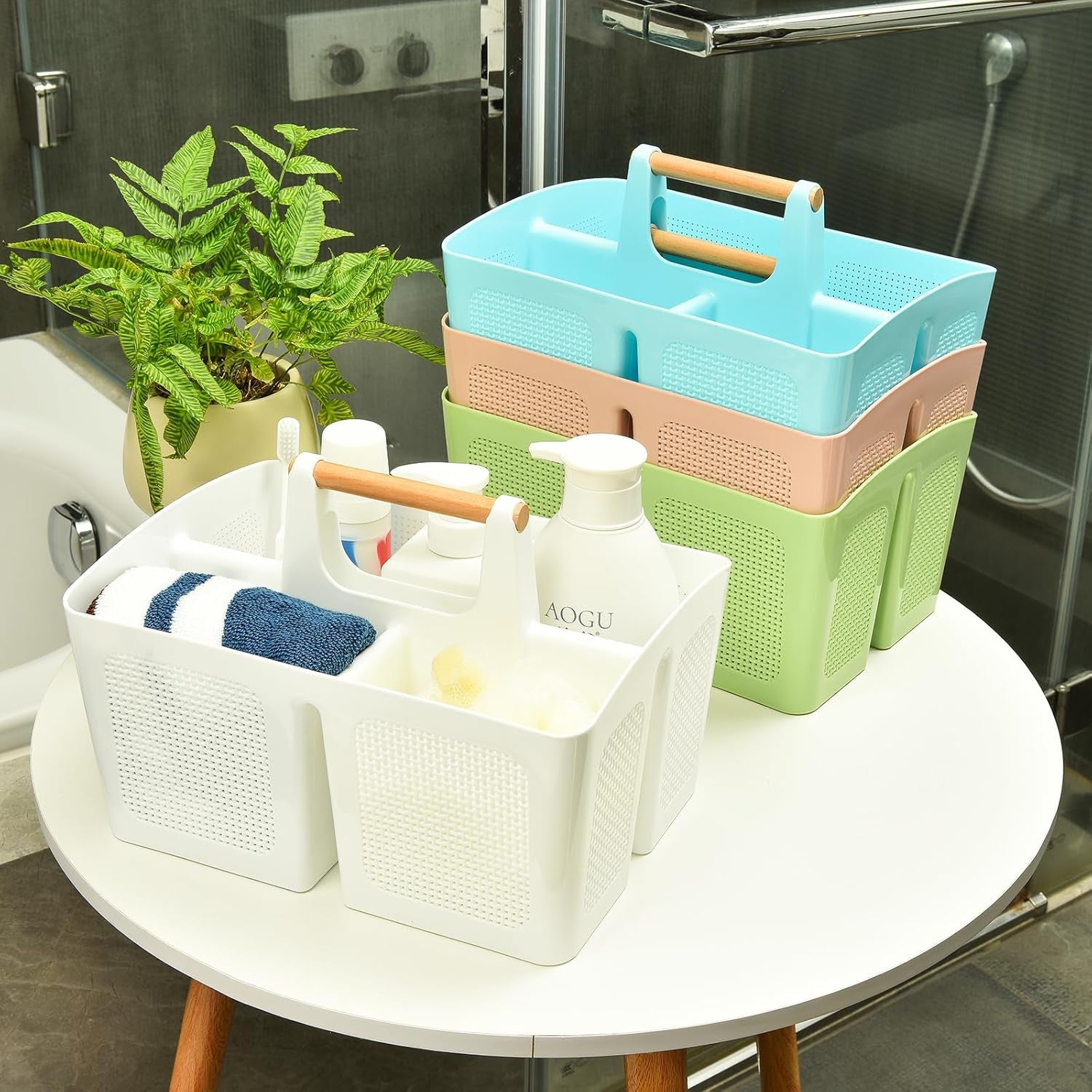 Portable Shower Caddy Basket with Compartments, Plastic Divided Cleaning Caddy Organizer Storage Tote with Handle for Bathroom, College, Dorm Room Essentials - Beige