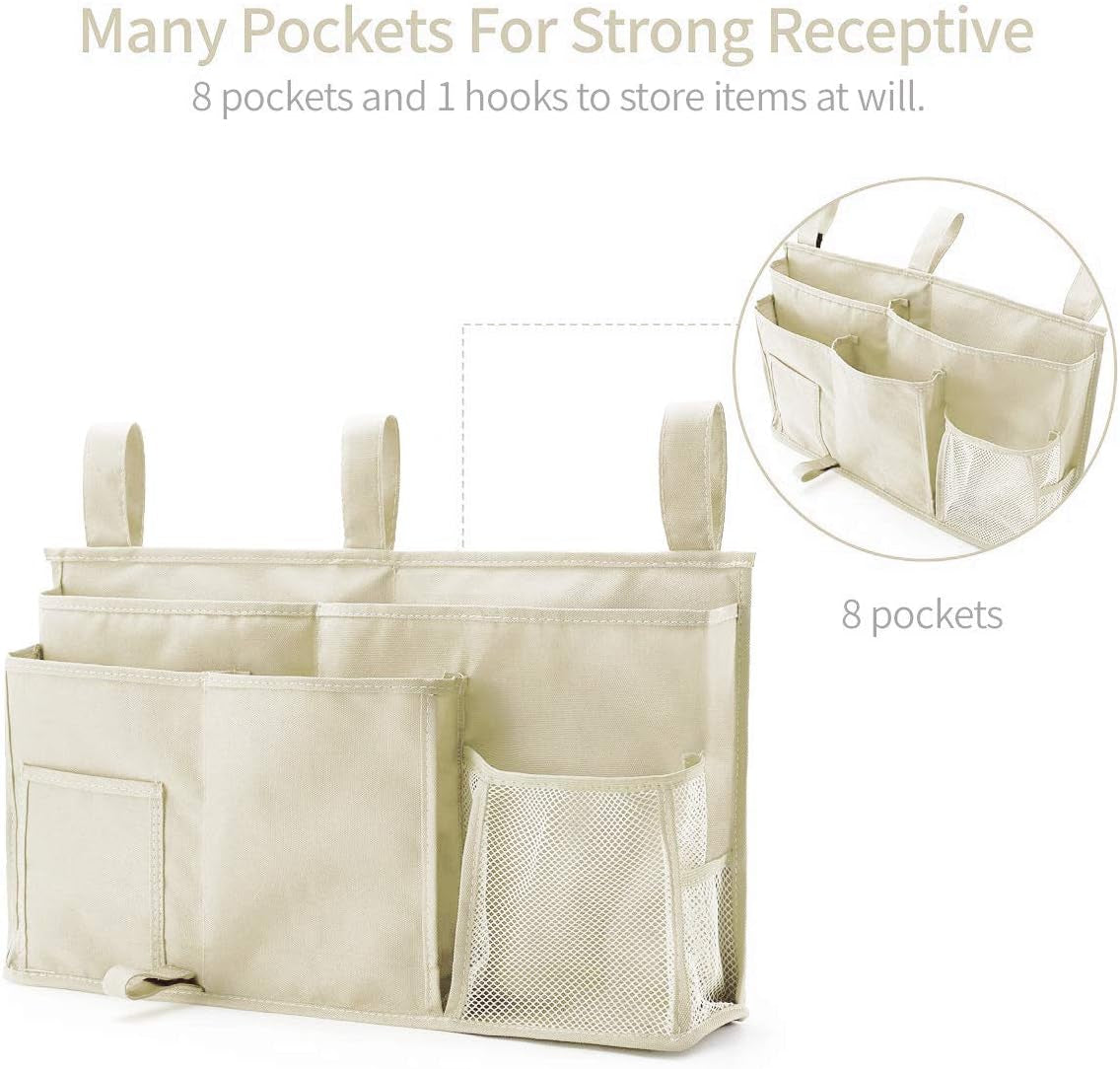 Bunk Bed Organizer with 8 Pockets - Hanging Bedside Caddy Storage Bag for Dorm Rooms, Hospital Beds, and Baby Bed Rails, Made of Durable 600D Oxford Cloth (Beige)