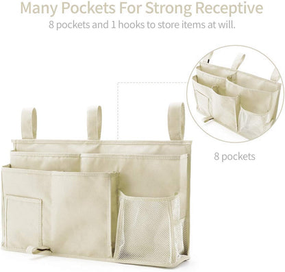 Bunk Bed Organizer with 8 Pockets - Hanging Bedside Caddy Storage Bag for Dorm Rooms, Hospital Beds, and Baby Bed Rails, Made of Durable 600D Oxford Cloth (Beige)